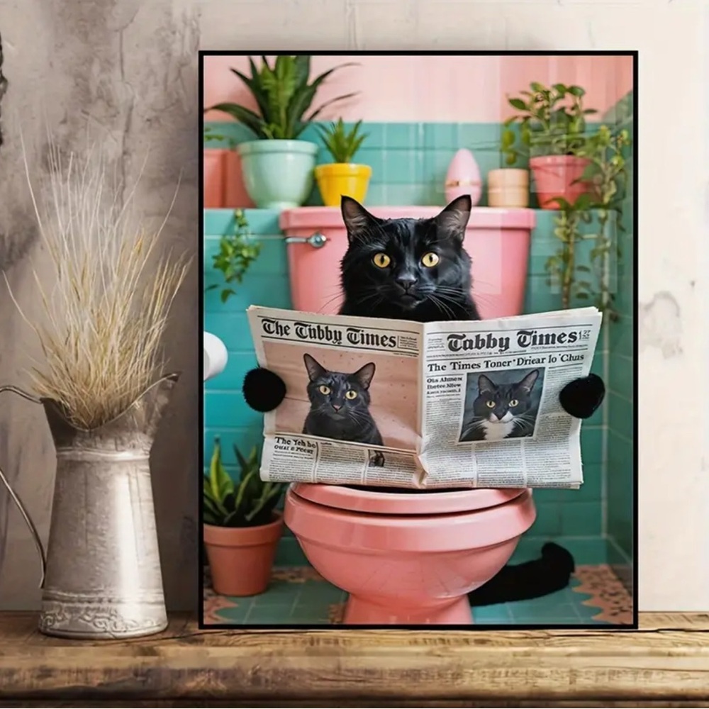 New Black Cat Bathroom Canvas Wall Art 12”x16” Unframed - Picture 2 of 5